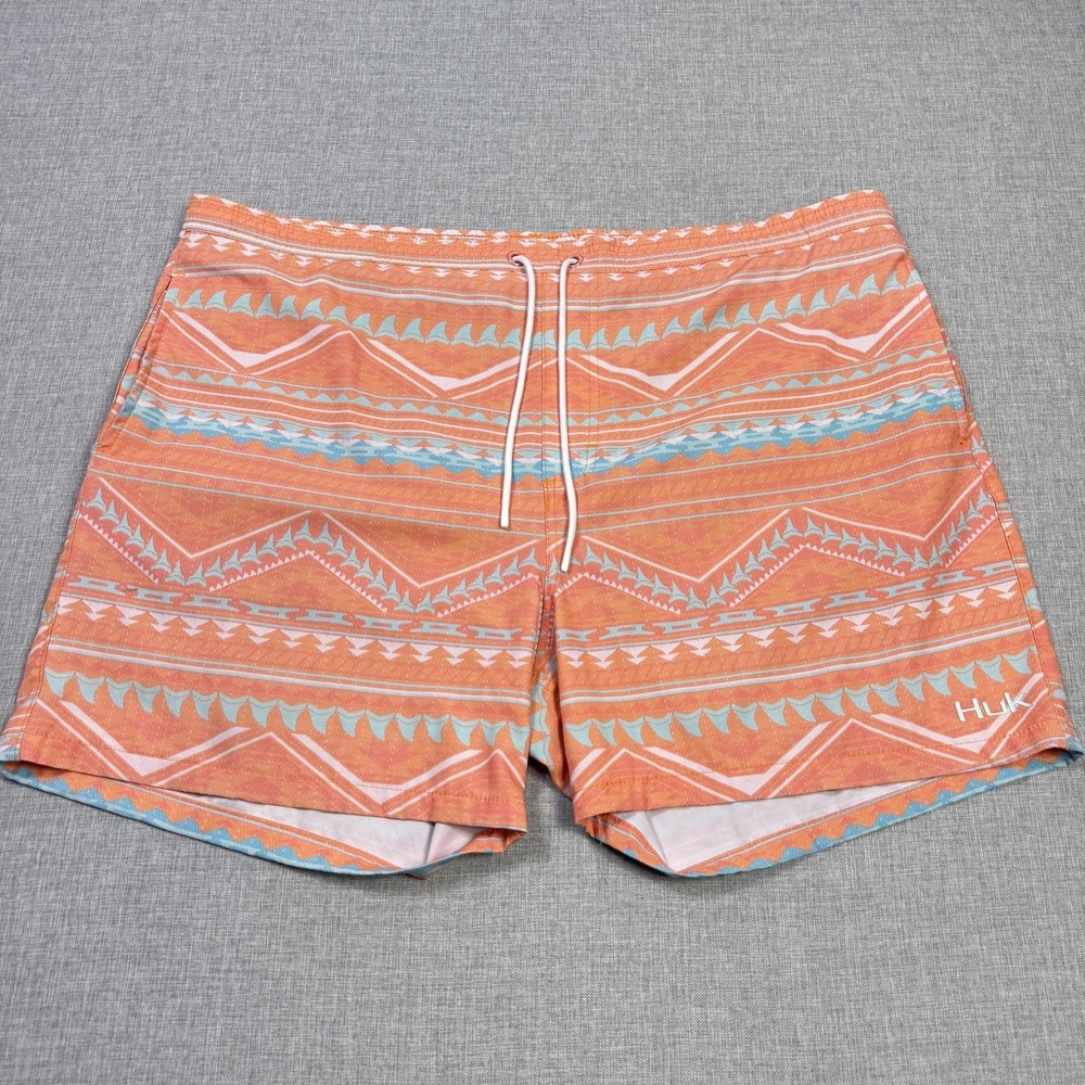 Huk Swim Trunks Shorts Mens 2XL (44) Orange Geometric Mesh Lined Drawstring